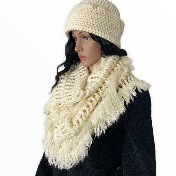 Accessories - Ivory Open Loop Knit Crochet Infinity Scarf w/Fringe Design, EUC, 68" Diameter